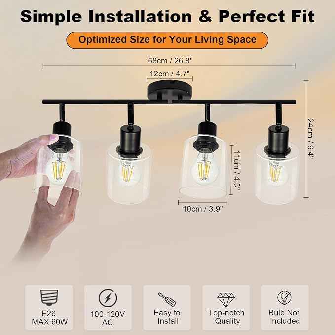 HiBay 4-Light Black Track Lighting Fixture Rotatable Ceiling Wall Spotlight | Adjustable 4 Heads with Glass Shades, Modern Farmhouse Industrial, for Kitchen, Dining Room, Bathroom, E26 Base