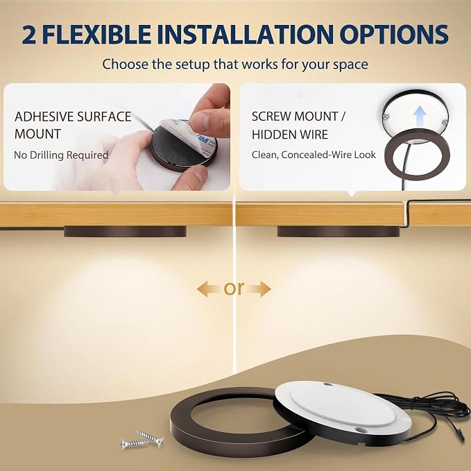 V4light Wired LED Puck Lights, Under Cabinet Lighting Touch Dimmer, 6 Pack | Ultra-Thin 6mm Dimmable, 2700K-6500K, Plug-In Powered, Easy Install, for Kitchen, Pantry, Closet, Counter & Display