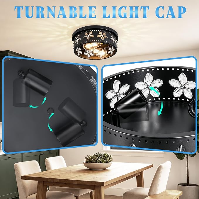 10.6 Inch Black Flush Mount Ceiling Light Fixture | 2-Light, Flower, Farmhouse, Kitchen, Dining Room, Bedroom, Living Room, Foyer, Entryway