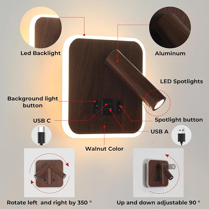 Plug in Wall Sconce with Wall Mounted Reading Lights with Switch | Wall Lamp for Bedroom with Charging Station USB C+A Ports,Bunk Bed Lights with 3W+9W Night Light,Walnut Color Reading Light