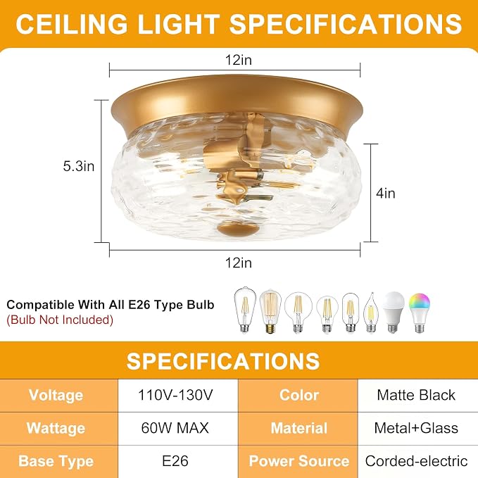 Gold Flush Mount Ceiling Light Fixtures, 2-Light Ceiling Mount for Modern with Clear Hammered Glass Shade, Industrial Flush Mount Light Fixture Farmhouse for Hallway Kitchen Bedroom Entryway Foyer