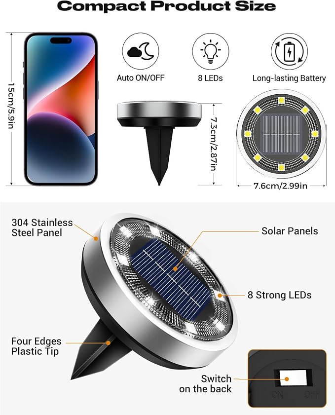 btfarm 30 Pack Solar Lights Outdoor Waterproof, 8 LED Solar Ground Lights | Stainless Steel, Easy-to-Install Flat Solar Disc Lights, Pathway Lights for Garden Lawn Patio Yard Path Landscape, Cool White