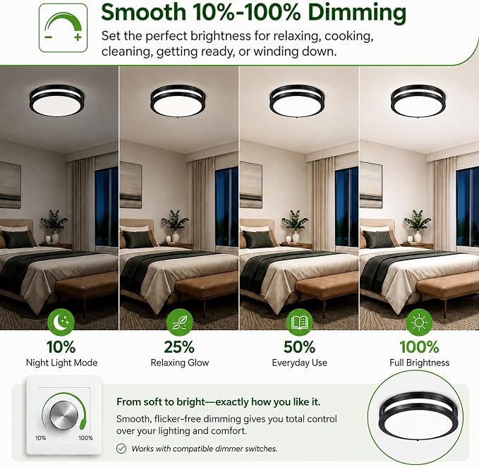 2-Pack 50W Dimmable LED Ceiling Light Fixtures, 16in Modern Flush Mount LED Light Fixtures Super Bright 5600LM, 2700K/3000K/4000K/5000K/6500K 5CCT Adjustable Black Ceiling Lamp for Living Room Kitchen