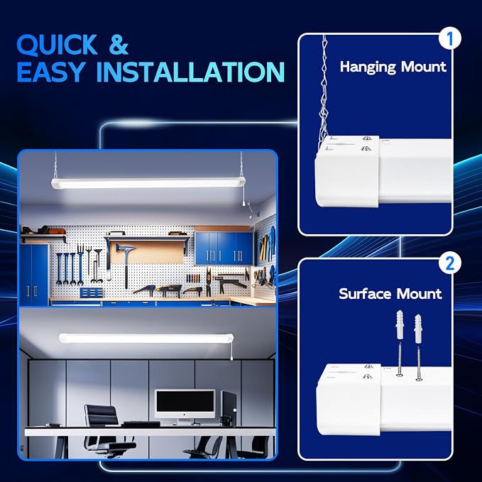 hykolity 4FT 120W LED Shop Light Linkable,13000LM(400w Equivalent), 5000K | Utility Shop Lights for Garages,Workshops,Basements,Hanging or Flush Mount, with Power Cord and Pull Chain, ETL, 4 Pack