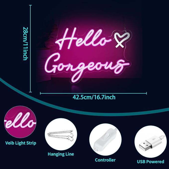 Hello Gorgeous Neon Sign, HSJNJKFU Neon Signs for Wall Decor Beer Bar Led Light Signs for Man Cave Decor Pink Led Neon for Room Birthday Party USB Powered