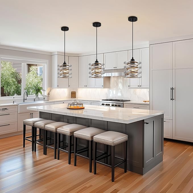 Pendant Lights Kitchen Island, Kitchen Hanging Light Fixtures Wood Grain Metal Lighting for Dining Room Bedroom Bar Office Entryway Hallway, Industrial Silver, 1 Pack