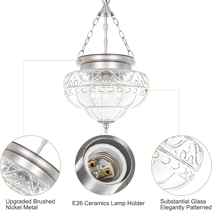 3-Light Brushed Nickel Pendant Light Fixtures with 12In Unique Thickened Glass, Vintage Pendant Lights Kitchen Island with Adjustable Chain, Hanging Light Fixtures for Entryway, E26*3