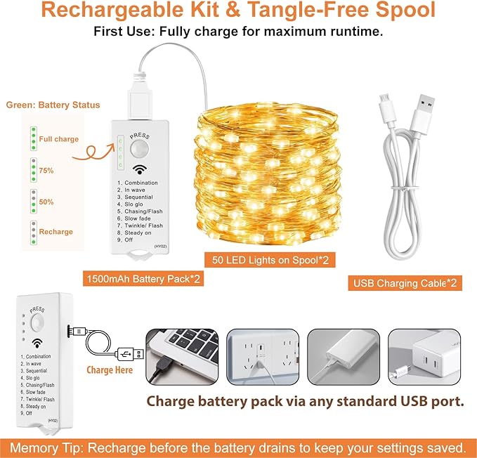 4 Pack Rechargeable Fairy Lights Battery Operated with DIY Timer, 16FT 50 LED Indoor Fairy String Lights, 8 Modes Twinkle Silver Wire Lights for Craft Tree Bedroom Wedding Decor, Warm White