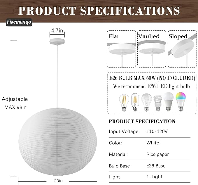 Large Rice Paper Pendant Light Kit, 20in White Globe Paper Lantern Lights, E26 Base, Japanese Hanging Lantern Lamp Japandi Chandelier for Dining Room Bedroom Office Living Room