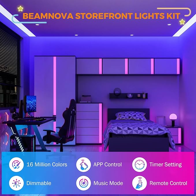 BEAMNOVA 40Ft RGB Commercial LED Storefront Lights Kit, Bluetooth App Control, with Remote, DC 12V Power Supply Transformer, Adhesive Waterproof Strip Light Modules