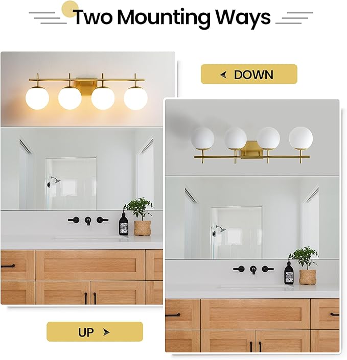 Bathroom Light Fixtures, 4-Light Brushed Gold Bathroom Vanity Lights Over Mirror, 30.7 Inch Modern Vanity Lighting with Milky White Glass Globe Shade Wall Sconce Lighting Bath