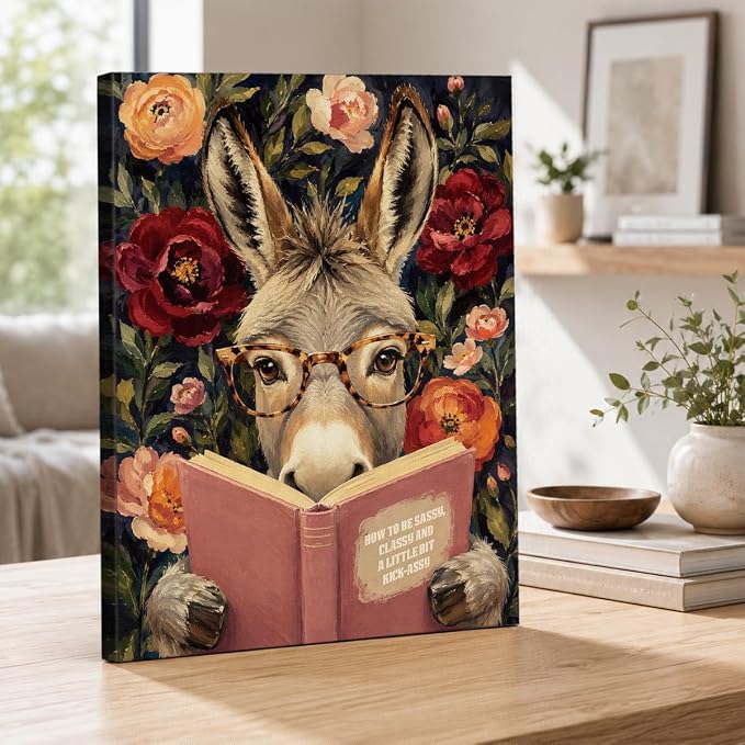 NSFBESSLIA Funny Reading Donkey Painting, Whimsical Floral Animal Decor, How To Be Sassy Classy And A Little Bit Kick-Assy, Wall Art for Living Room Bedroom Entryway, 8x10 Inch