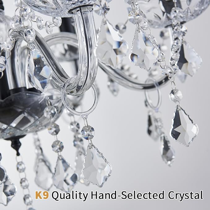 Crystal Chandelier Light Fixture, Modern K9 Crystal Chandeliers for Dining Room, 6-Lights Black Ceiling Light, Adjustable Hanging Pendant Light Fixture for Living Room Entryway Kitchen Island Hallway