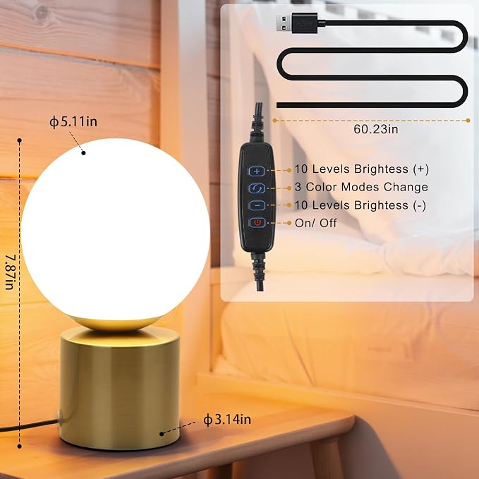Modern Small Table Lamps,Opal Glass Bedside Table Lamp Gold | LED Dimmable with 3 Colors Desk Lamp,Gold Bedside Desk Lamp for Bedroom Living Room Nightstand Simple Design Small Lamp