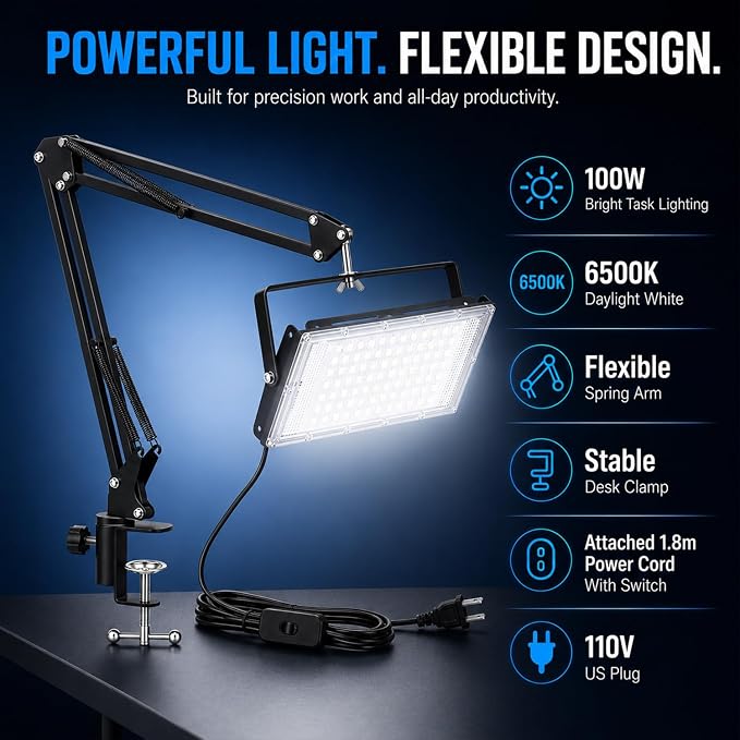 LED Work Bench Light, Adjustable Swing Arm Clamp Flood Light, Plug in Task Lamp for Garage Workshop Craft