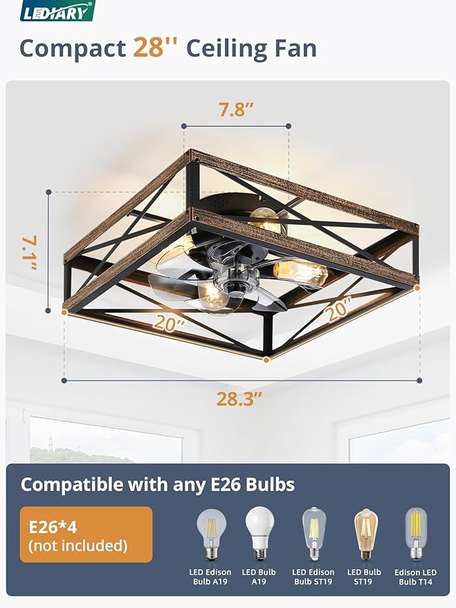 LEDIARY 20” Caged Flush Mount Ceiling Fans with Lights and Remote, Rustic Square Low Profile Ceiling Fan, 6 Speed and Reversible, Small Farmhouse Bladeless Ceiling Fan for Bedroom, Kitchen,Dining Room