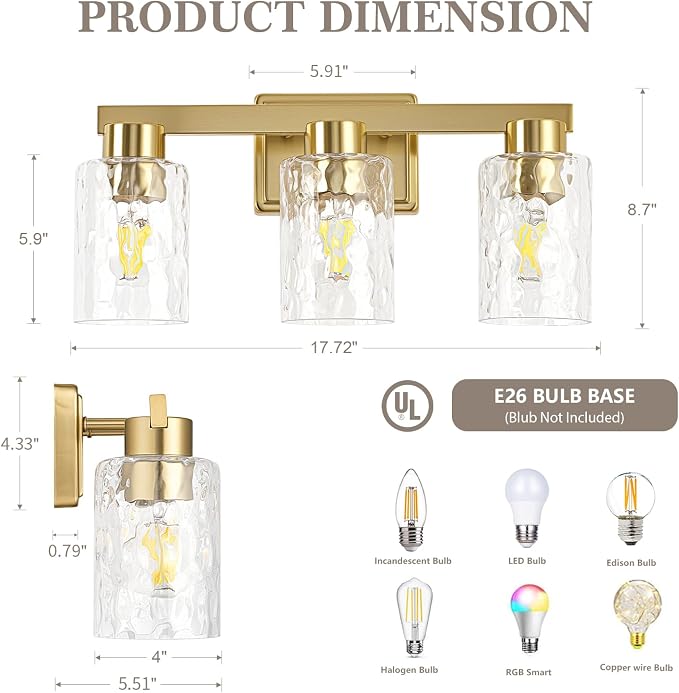 3-Light Bathroom Light Fixtures with Water Ripple Glass, Gold | Vanity Lights, Modern Wall Sconces, Over Mirror for Bathroom, Powder Room, Living Room