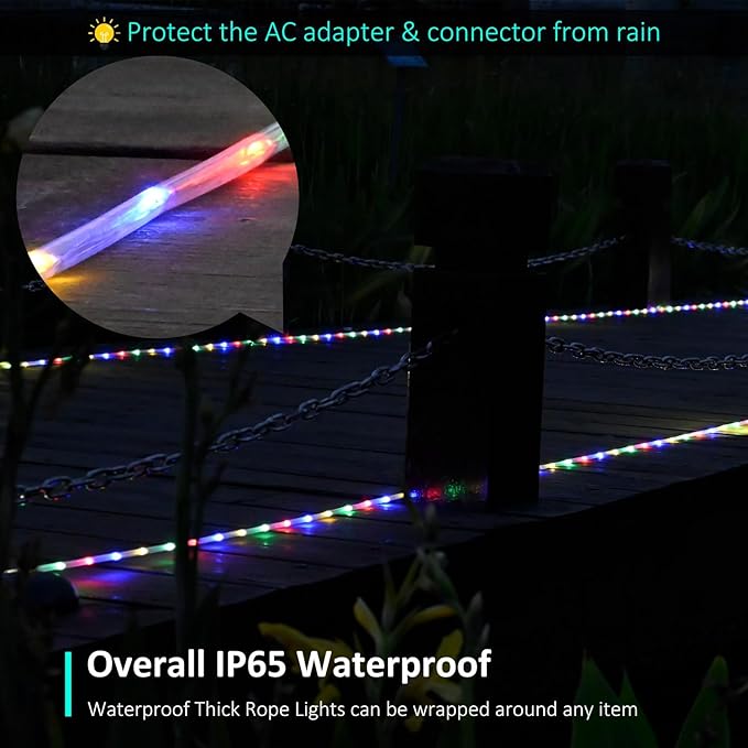 Rope Lights Outdoor, 98ft 600 LED Multicolor Rope Light Plug in, Waterproof Outdoor String Lights for Garden, Tree, RV, Camping, Patio, Holiday Decor, Party (RGB)