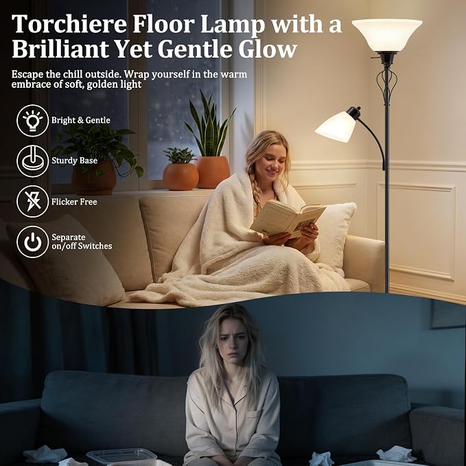 Floor Lamps for Living Room, 70" Tall Torchiere Floor Lamps, Plastic Shade | Tall Lamp with Adjustable Gooseneck Reading Light, Modern Corner Standing Lamp for Bedroom, Office, Separate On/Off Switch