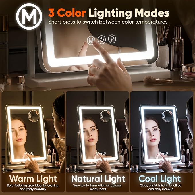 Antok Vanity Mirror with Lights, 24"X20" Lighted Makeup Mirror, Smart Touch, 3 Color Modes and Brightness Adjustable, LED Vanity Mirror with Detachable 10X Magnification, 360° Rotation for Makeup Desk