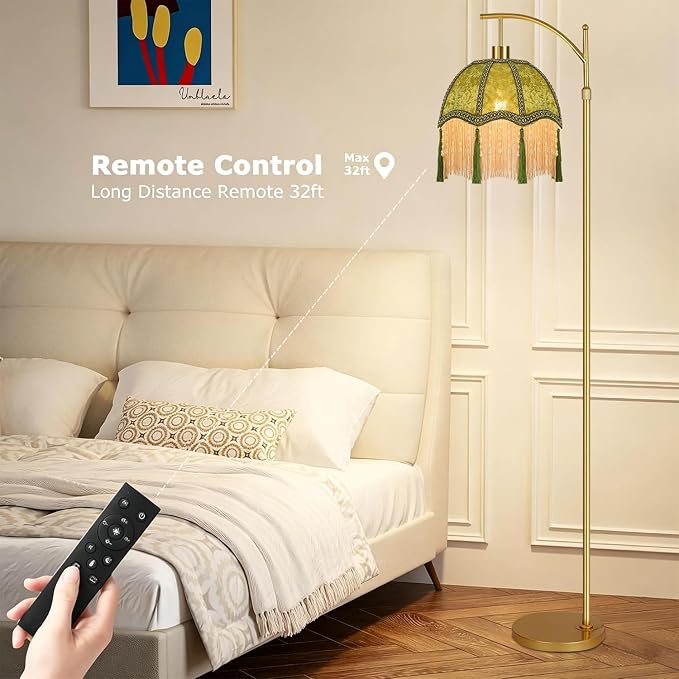 Vintage Floor Lamps for Living Room Boho Rustic Floor Lamp with Remote Control & 3 Color Temperature,Dimmable Gold Floor Lamp Mid Century Modern Standing Lamp Fringe Green Tall Floor Lamp For Bedroom
