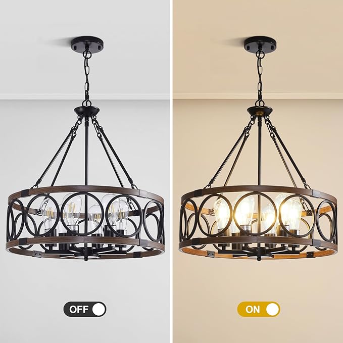 20.5'' Farmhouse Chandelier, 6-Light Walnut Wood Grain Dining Room Light Fixture Over Table, Rustic Industrial Drum Hanging Pendant Lights Fixture for Kitchen Island Bedroom Hallway Foyer Entryway
