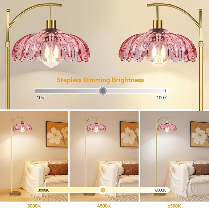 ILLMTW Floor Lamp for Living Room,Bedroom,Gold Dimmable Standing Lamp with Remote,Mid Century Modern Brass Tall Lamp Retro Vintage Pink Glass Lamp Floor Light Boho Bohemian