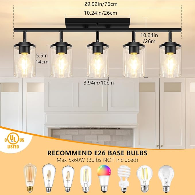 FadimiKoo 5-Lights Black Semi Flush Mount Ceiling Light Fixtures, Modern Clear Glass Shade Farmhouse Kitchen Ceiling Lamp, Adjustable Rotatable Vanity Light Fixture for Hallway Entryway Dining Room