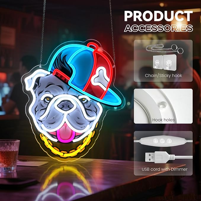Hip-Hop French Bulldog Neon Sign, Bull Dog Led Sign for Wall Decor, Usb Powered Adjustable Brightness Led Light for Bedroom Bar Pub Game Room Party Man Cave Decor, Unique Gift