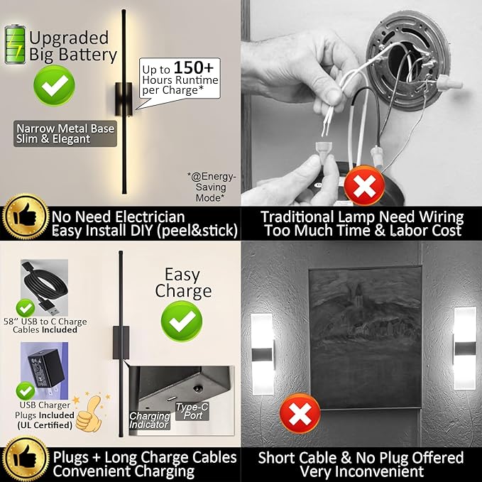 Peel and Stick on Battery Operated Wall Sconces Set of 2 | Easy Install No Drilling Sconces, Wireless Rechargeable Adhesive Wall Lights for Pictures, Living Room, Bedroom (28.3'')
