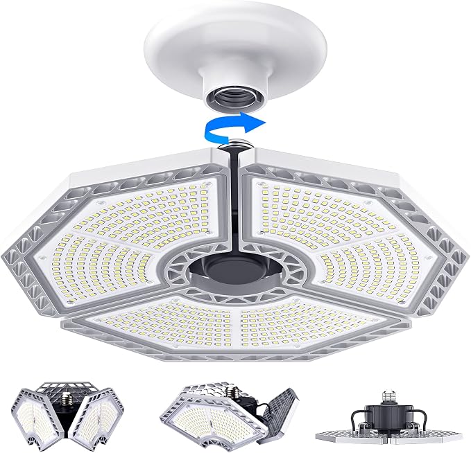 K KERNOWO LED Garage Lights, 140W 18500 Lumens Garage Lighting, 6000K Daylight with Deformable Three Panel Ceiling Light Fixture E26/E27 Triple Glow LED Shop Light for Basement Workshop Warehouse