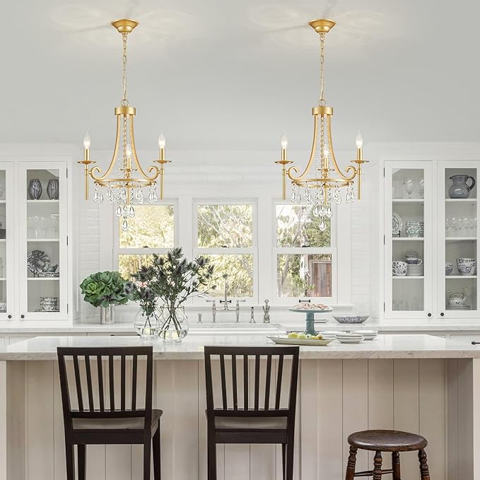 Small Crystal Chandelier, 3-Lights Modern Crystal Chandeliers for Dinning Room, Wagon Wheel Gold Chandelier, Farmhouse Hanging Pendant Light Fixture for Bedroom Hallway Entryway Bar Kitchen Bathroom
