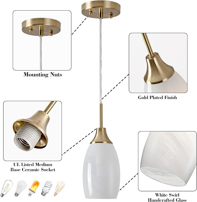 Viinew Mini Glass Pendant Light,4.72" White Glass Hanging Light | Handblown White Swirl Hanging Pendant Lamp 1-Pack Art Glass Chandelier for Kitchen Dining Room Brushed Gold
