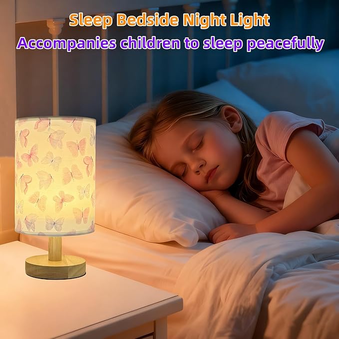 Butterfly Kids Table Lamp for Bedroom Kids Bedside Lamps 3 Colors Dimmable Nightstand Night Light with Cartoon Flaxen Fabric Shade Desk Lamp for Girls Boys Room Nursery Decor,Butterfly Gifts for Girls