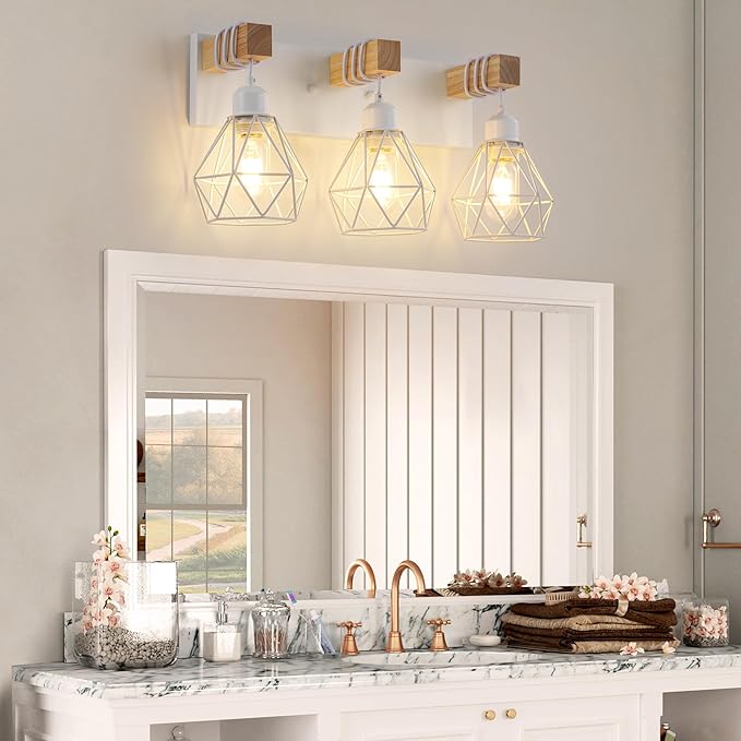 Farmhouse Vanity Light for Bathroom, 3-Light White Wood Bathroom Vanity Light Fixtures Over Mirror, Rustic Sconces Wall Lighting with Metal Lampshade for Living Room, Bedroom, Hallway