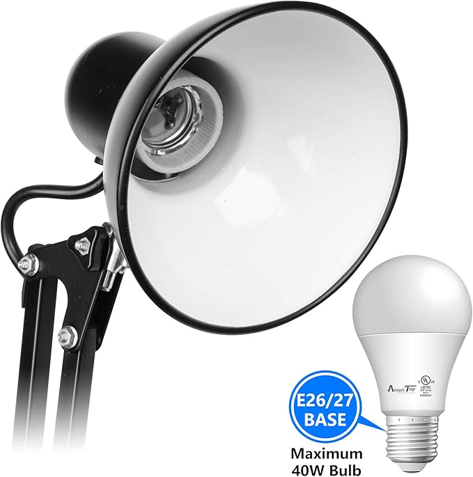 AmeriTop Metal Desk Lamp, Black, Adjustable Arm, 18" Extension, UL-Listed