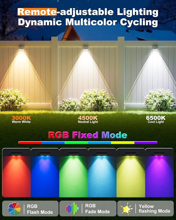 VOLISUN Solar Fence Lights with Remote Control, 50 Lumen LED Fence Lights Solar Powered, IP65 Waterproof, 10 RGB Color Long-Lasting Solar Lights for Backyard Garden Deck Patio Railing (8 Pack)