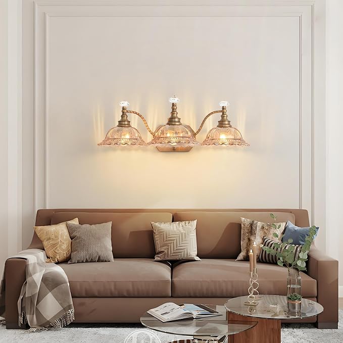 Vintage Bathroom Vanity Light Fixtures, 3-Light Matte Brass Finish Vanity Light with Flower-Shaped Amber Glass Shades, Retro Wall Sconce for Mirror, Powder Room, Bedroom