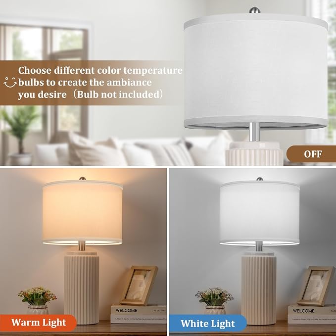 23.5’’ Beige Modern Ceramic Table Lamps Set of 2 for Living Room, Farmhouse Bedside Lamps with Upgraded White Linen Shade, Rustic Nightstand Lamps for Bedroom Home Office, Vintage End Table Dorm