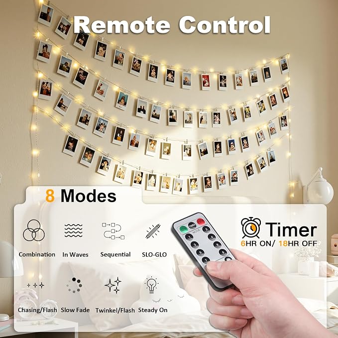 16ft 50 LED Fairy Lights for Pictures,Photo Clip String Lights | Remote USB Powered & Battery Operated,22 Clear Clips, Party, Bedroom, Decoration, Warm White