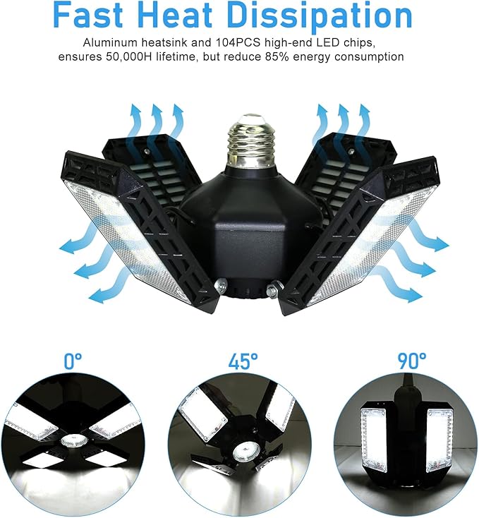 4-Pack LED Garage Light, 150W Deformable LED Ceiling Lights, 15000LM Garage Lighting with 4 Adjustable Panels, E26/E27 Shop Lights for Basement, Workshop, Attic