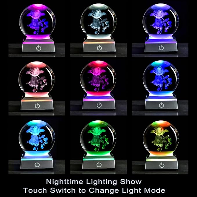 3D Laser Etched Rose Crystal Ball, I Love You Decor Glass Sphere Lamp Night Light, Crystal Rose Flower Figurines Collectibles Gifts for Mom Kids Women Girls