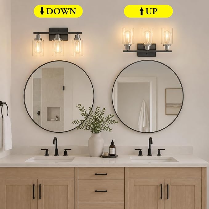 Ascher Bathroom Vanity Light Fixtures, 3 Light Wall Sconces Lighting with Clear Glass Shade, Black and Brushed Nickel Wall Lights for Mirror, Kitchen, Living Room, E26 Base (Bulbs Not Included)