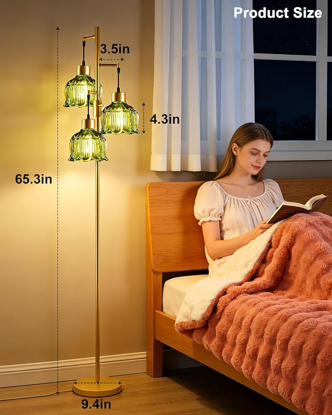 Lightdot 3-Light Floral Floor Lamp 65'' Dimmable Floor Flower Lamp with Green Glass Shade& Bulbs Included, Mid Century Standing Tall Lamp with 5Lbs Heavy Base for Living Room/Bedroom/Sofa Beside-Gold