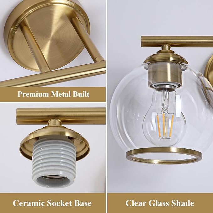 Brushed Gold Bathroom Vanity Light Over Mirror, 2 Light Bathroom Light Fixtures with Clear Globe Glass Shade, Modern Vanity Lighting Wall Mounted