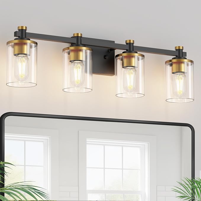 Bathroom Light Fixture, Bathroom Vanity Light Over Mirror, 4-Lights | Vanity Lights for Bathroom, Modern Lighting Fixtures with Clear Glass Shade, Black and Gold Vanity Lights, ETL Listed