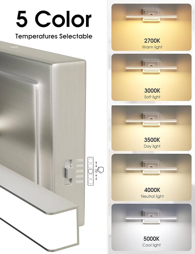 VOLISUN Modern Bathroom Vanity Light 24 inch, Rotatable, 14W Dimmable 5CCT Led Bathroom Light Fixture Over Mirror, Brushed Nickel Bar Vanity Light for Bathroom Mirror Restroom-ETL Certificated