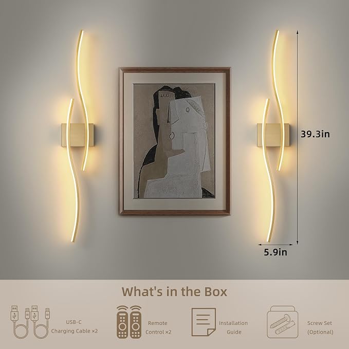 Battery Operated Wall Sconce Set of 2, Dimmable Modern LED Wireless Wall Light with Remote Control, Sconce Wall Decor for Living Room, Hallway, Quick Install, No Electrician Required