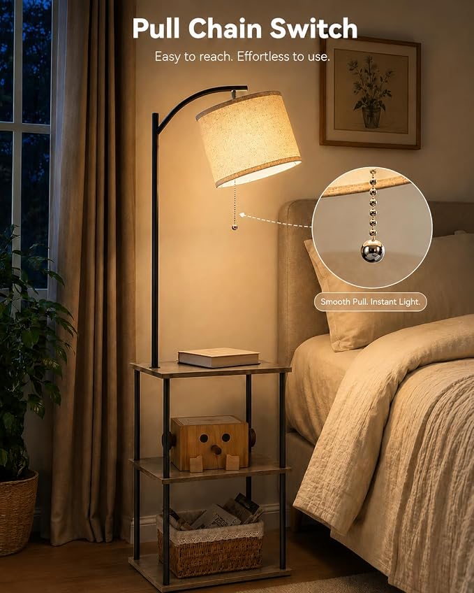GERGO Floor Lamp with Table, Side Table for Living Room, 3 CCT 9W LED Bulb | Adjustable Linen Shade & Pull Chain, Modern Coffee End Table, Night Stand with Storage Shelves for Bedroom, Office Home Décor