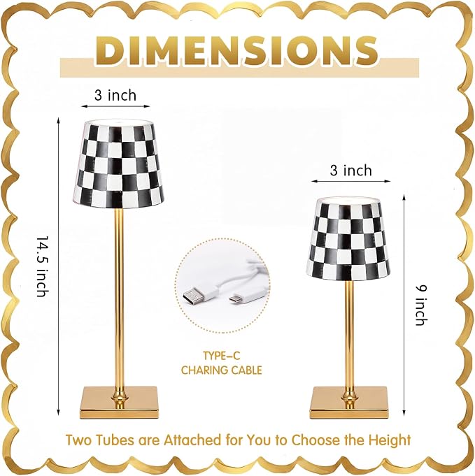 Pickmesh 1 Pack Black Checkered Mahjong Cordless Lamp Scalloped Edge Mahjong Print LED Lamp 3 Color Dimmable Rechargeable Stylish Lamps for Mah Jong Table Living Room Nightstand Desk